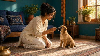 Indian pet parent training an Indie puppy to sit with a small treat in a sunlit living room